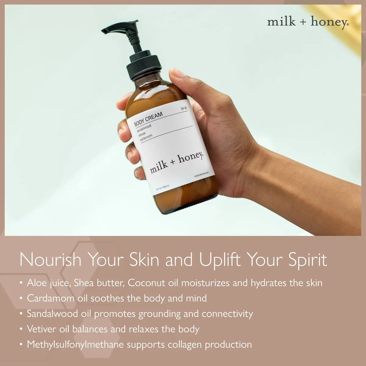 milk+honey No.46 Moisturizing Body Lotion, Sandalwood & Vetiver, 8 oz | Deep Hydration & Nourishment - view 3