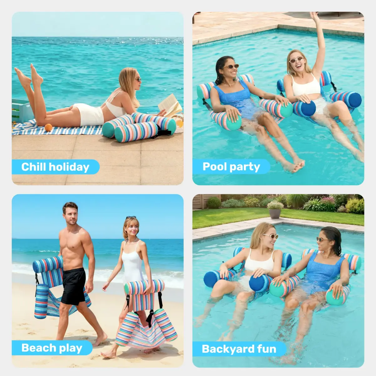 Sloosh Inflatable Pool Floats Adult 2-Pack | Blue, Light Green Stripes, 76cm x 41cm x 61cm (30"x16"x24") - view 7