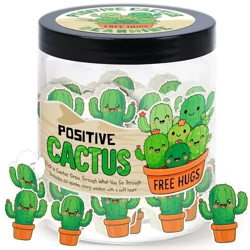 DEARMINE Positive Cactus Jar with 60 Daily Affirmation Cards, Emotional Support Plant Cactus Gifts, Stress Relief, Motivational Gift, Cactus Plushies, Mini Plant Toy Decor, Funny Gifts for Women (Pack of 1) - main product image