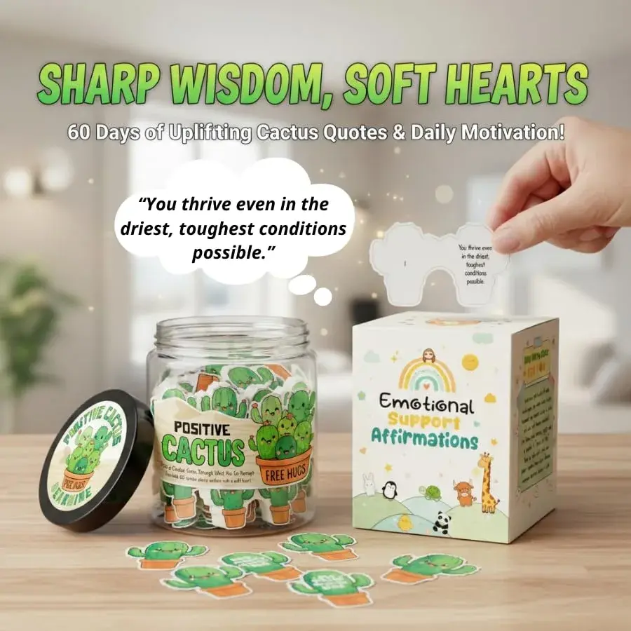 DEARMINE Positive Cactus Jar with 60 Daily Affirmation Cards, Emotional Support Plant Cactus Gifts, Stress Relief, Motivational Gift, Cactus Plushies, Mini Plant Toy Decor, Funny Gifts for Women (Pack of 1) - view 2