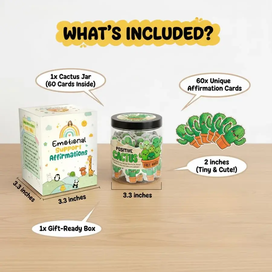 DEARMINE Positive Cactus Jar with 60 Daily Affirmation Cards, Emotional Support Plant Cactus Gifts, Stress Relief, Motivational Gift, Cactus Plushies, Mini Plant Toy Decor, Funny Gifts for Women (Pack of 1) - view 4