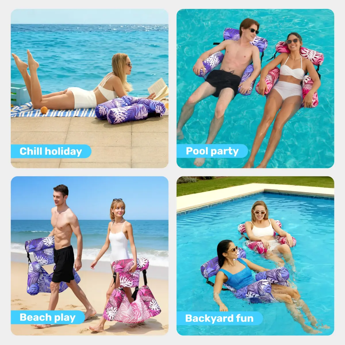 Sloosh Inflatable Pool Floats Adult 2-Pack | Tropical Leaves-Purple,Pink (30"x16"x32" each) - view 8
