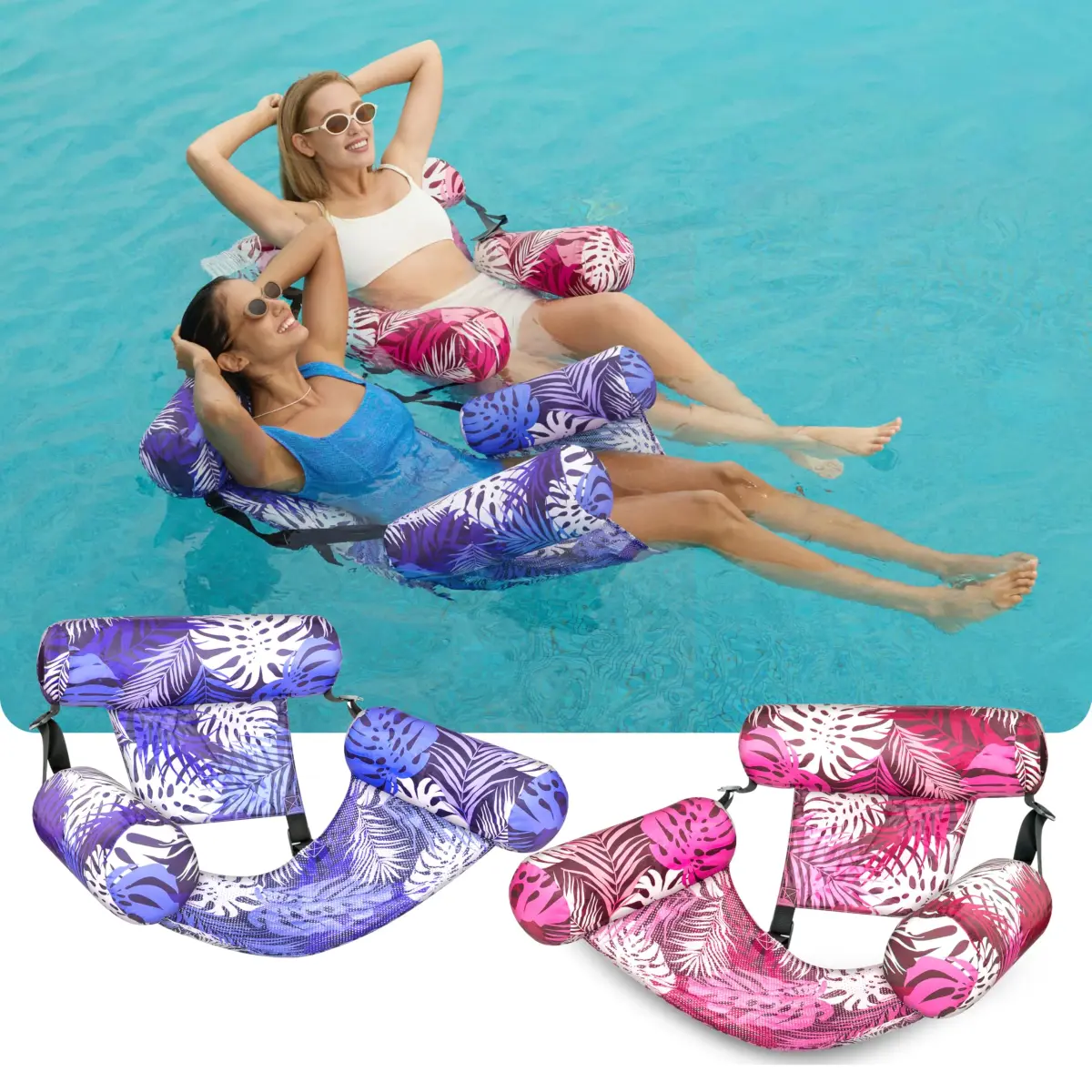 Sloosh Inflatable Pool Floats Adult 2-Pack | Tropical Leaves-Purple,Pink (30"x16"x32" each) - view 2