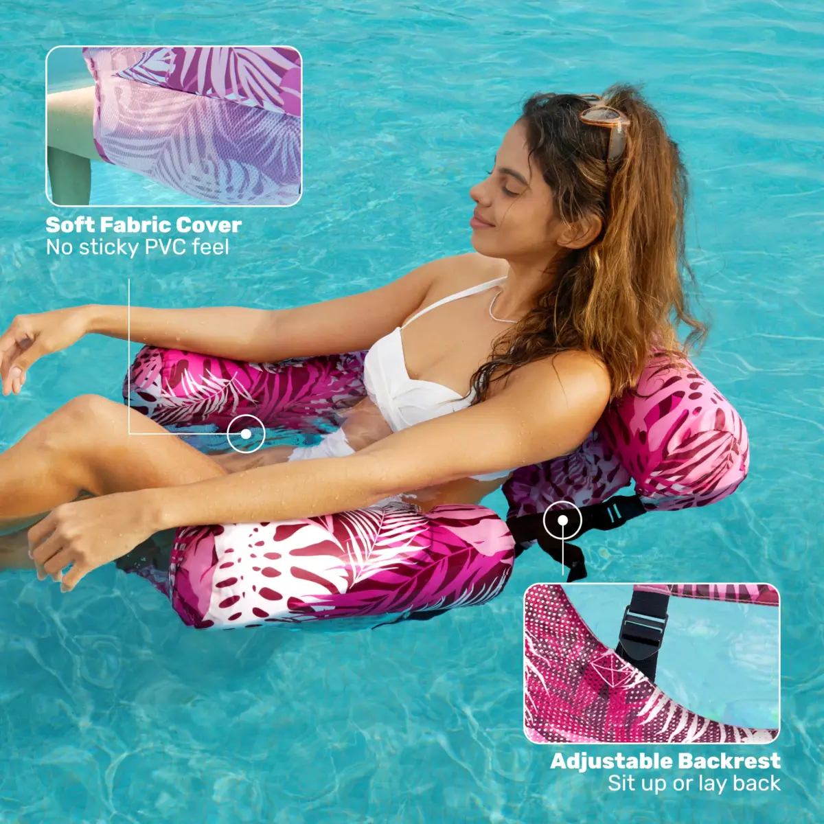 Sloosh Inflatable Pool Floats Adult 2-Pack | Tropical Leaves-Purple,Pink (30"x16"x32" each) - view 4