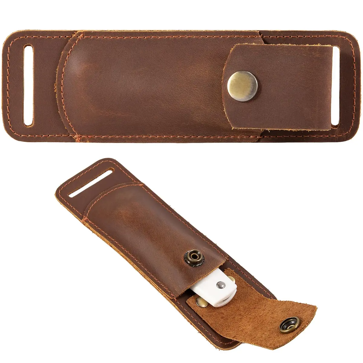 QCWN Leather Pocket Knife Sheath for Belt Loop Folding EDC Knife Holster Open Top Holder Case Fits 5 inch Folding Knife Buck 110 Western Belt Knife Holder Horizontal (Brown) | Durable Leather Design - main product image
