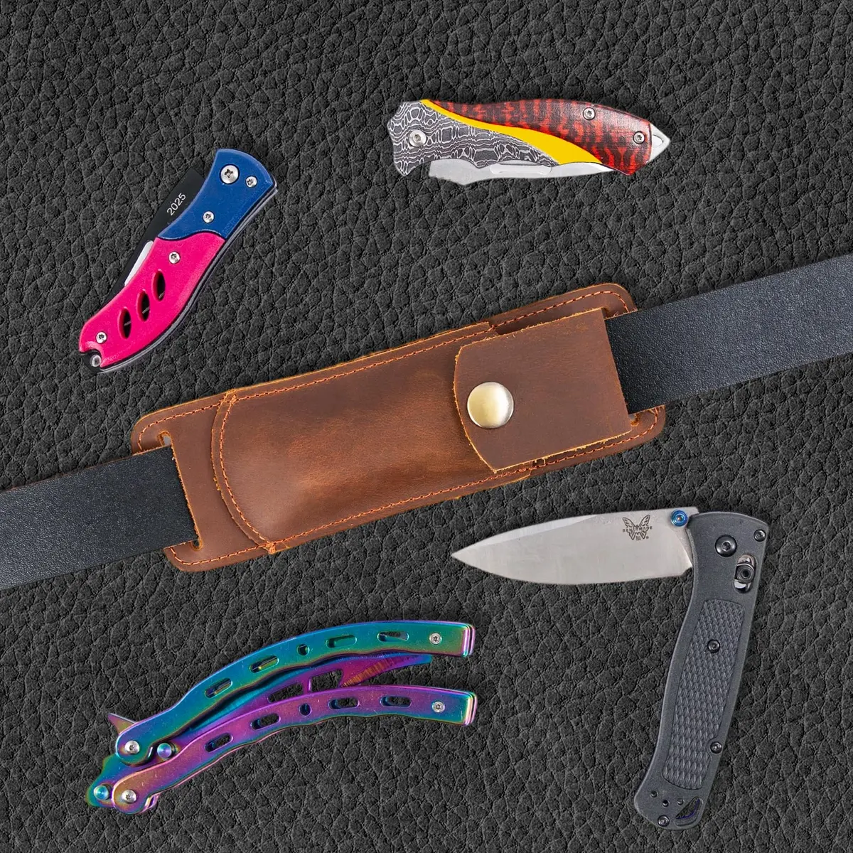 QCWN Leather Pocket Knife Sheath for Belt Loop Folding EDC Knife Holster Open Top Holder Case Fits 5 inch Folding Knife Buck 110 Western Belt Knife Holder Horizontal (Brown) | Durable Leather Design - view 6