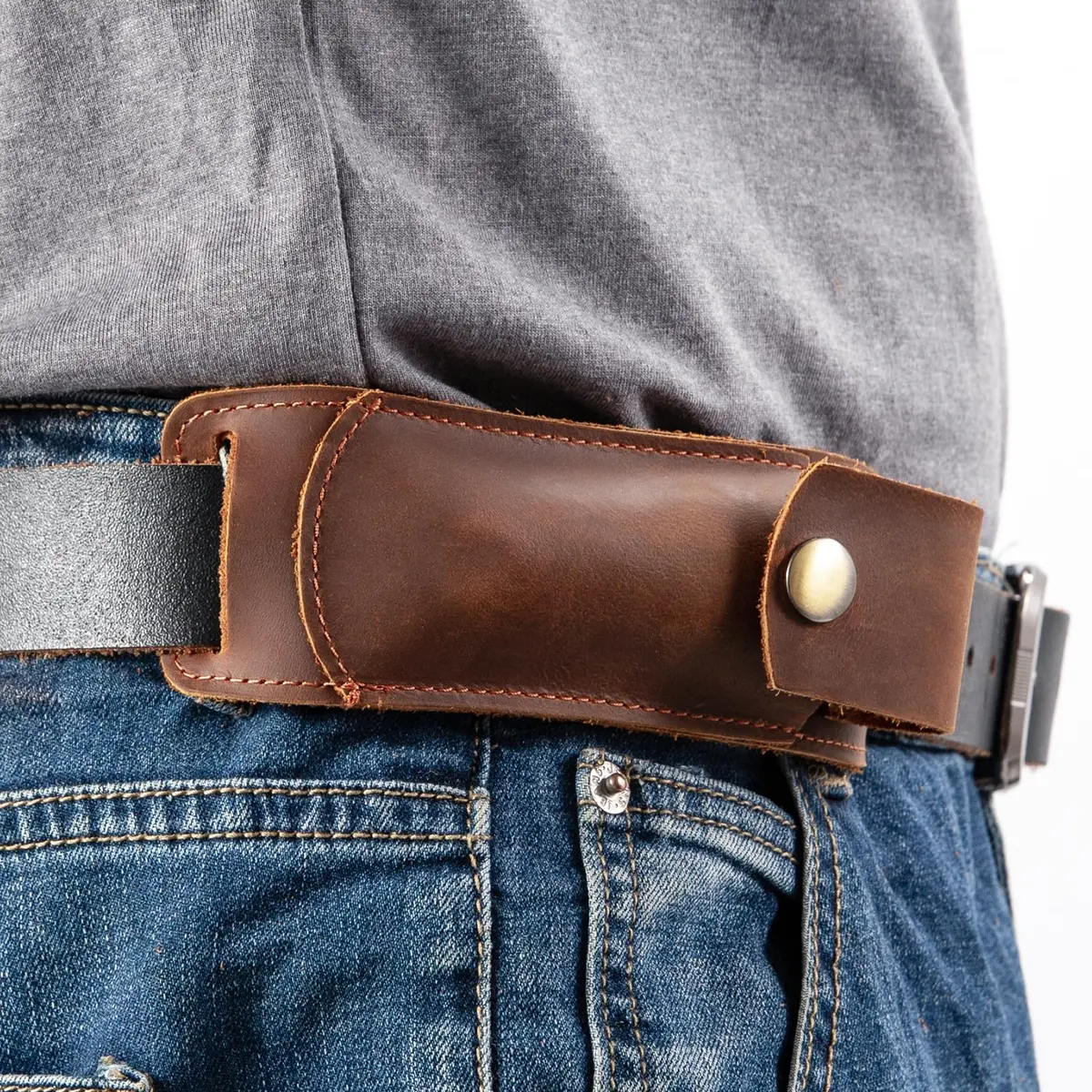 QCWN Leather Pocket Knife Sheath for Belt Loop Folding EDC Knife Holster Open Top Holder Case Fits 5 inch Folding Knife Buck 110 Western Belt Knife Holder Horizontal (Brown) | Durable Leather Design - view 2