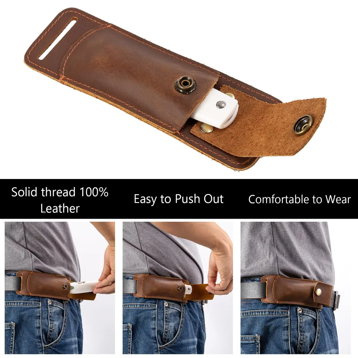 QCWN Leather Pocket Knife Sheath for Belt Loop Folding EDC Knife Holster Open Top Holder Case Fits 5 inch Folding Knife Buck 110 Western Belt Knife Holder Horizontal (Brown) | Durable Leather Design - view 4