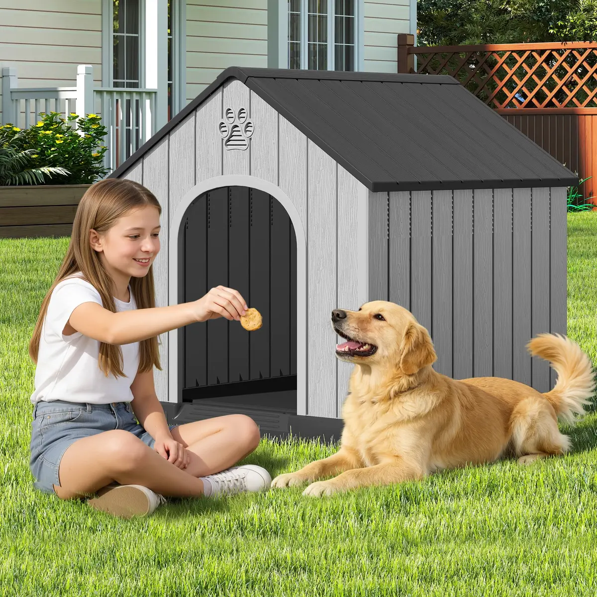 Fancyango Large Dog House Outdoor Indoor Waterproof with Air Vents Elevated Floor | Durable Plastic Shelter (Sky Blue, 38.2''L×36''W×37''H) - view 7