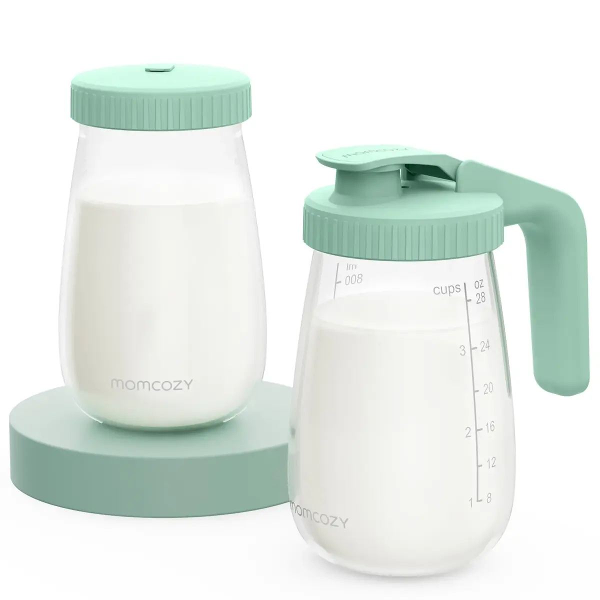 Momcozy Glass Breast Milk Pitcher with Flat and Handle Lid, 2pc, 32oz Each (946ml Total) | Dual-Lid Design for Storage & Pouring - main product image
