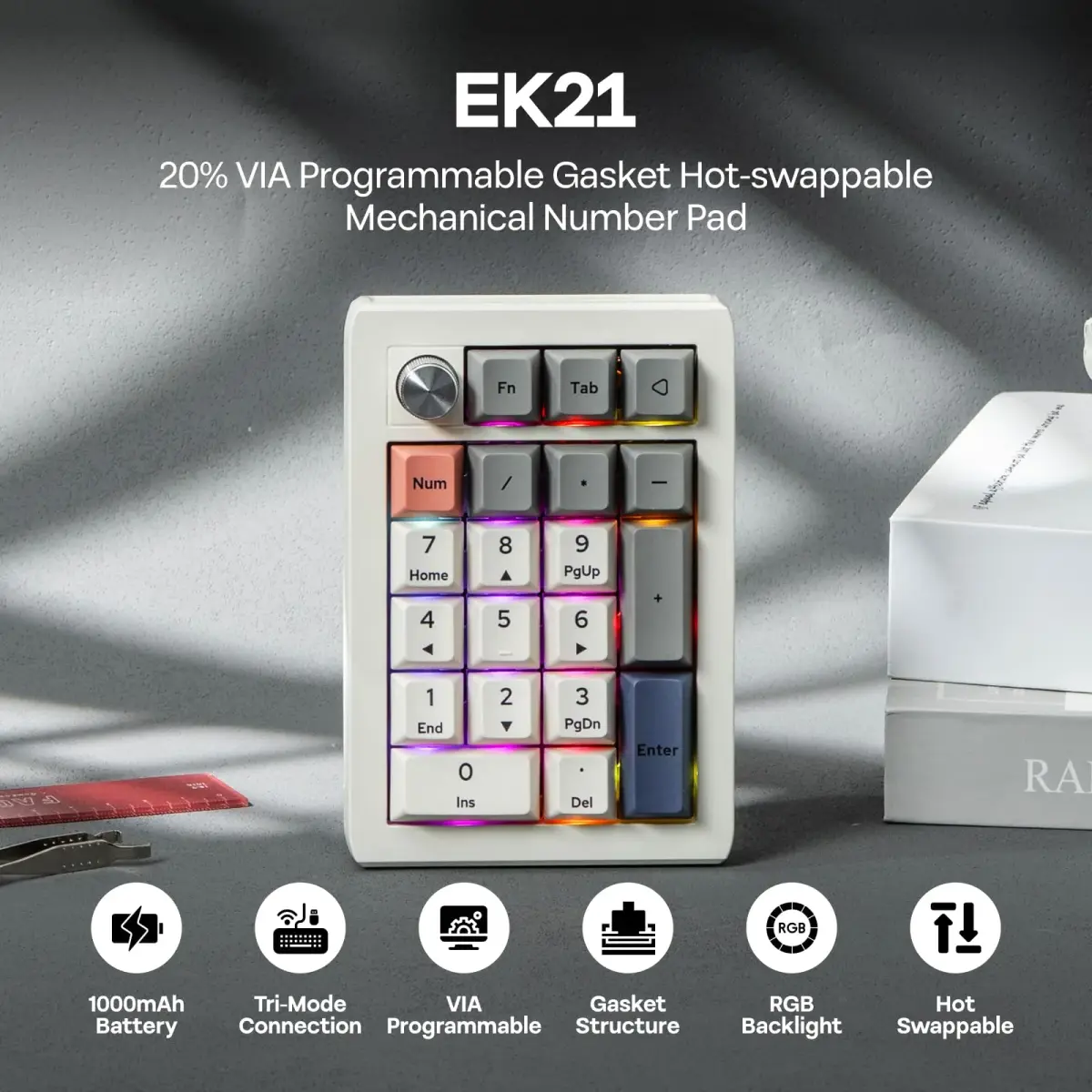 EPOMAKER EK21 VIA Gasket Number Pad with Knob, 20 Keys, 1000mAh Battery | PC Gaming Numpad for Windows & Mac - view 2