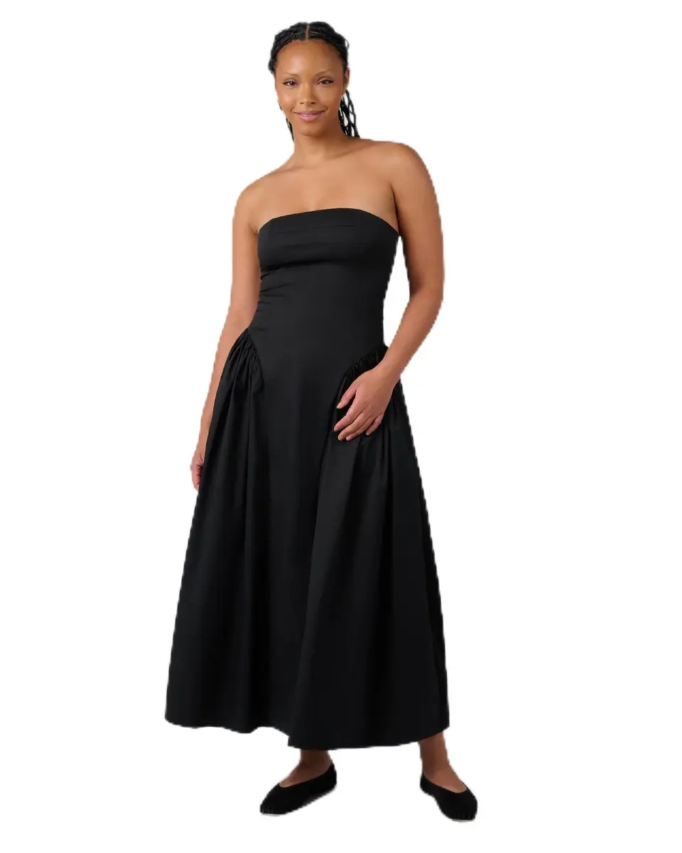 WEWOREWHAT Strapless Corset Ruched Dress 00 | Black, Cotton Stretch, Fall Ready - main product image