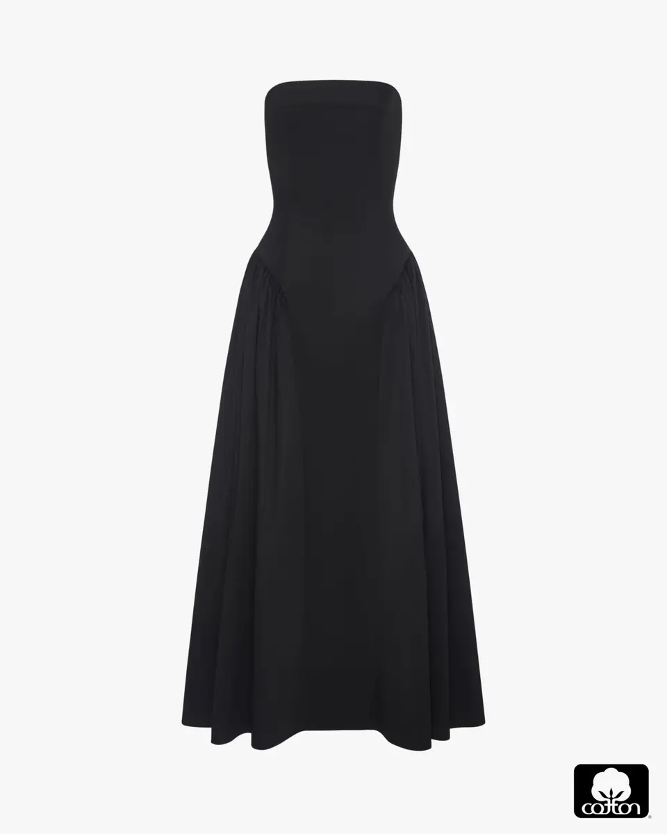 WEWOREWHAT Strapless Corset Ruched Dress 00 | Black, Cotton Stretch, Fall Ready - view 2