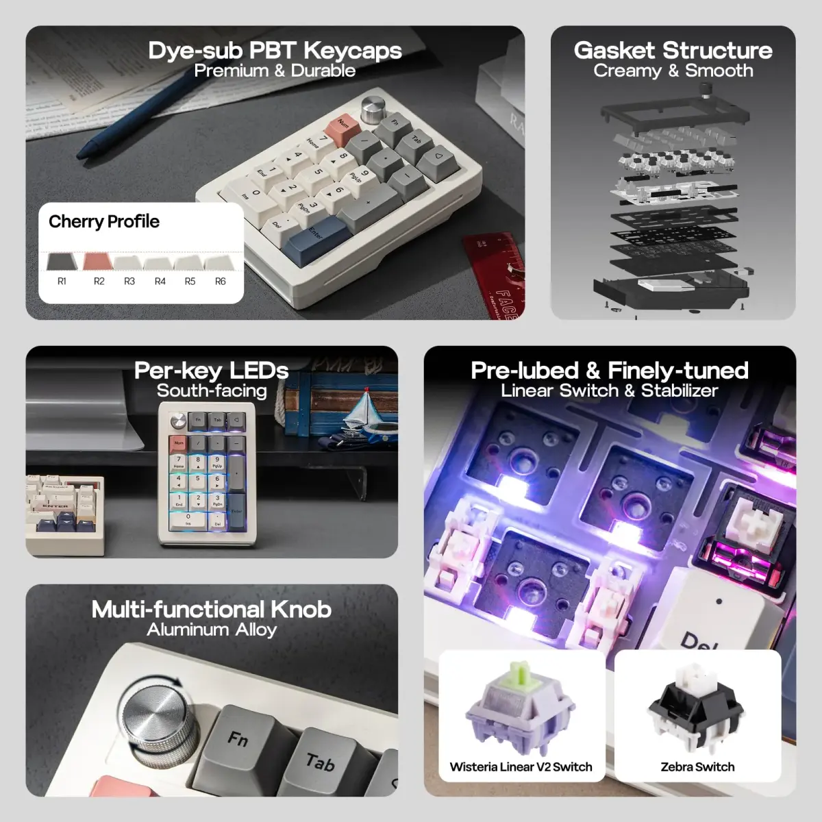 EPOMAKER EK21 VIA Gasket Number Pad with Knob, 20 Keys, 1000mAh Battery, BT 5.0/2.4GHz/Wired, Retro White | PC Gaming Numpad - view 5