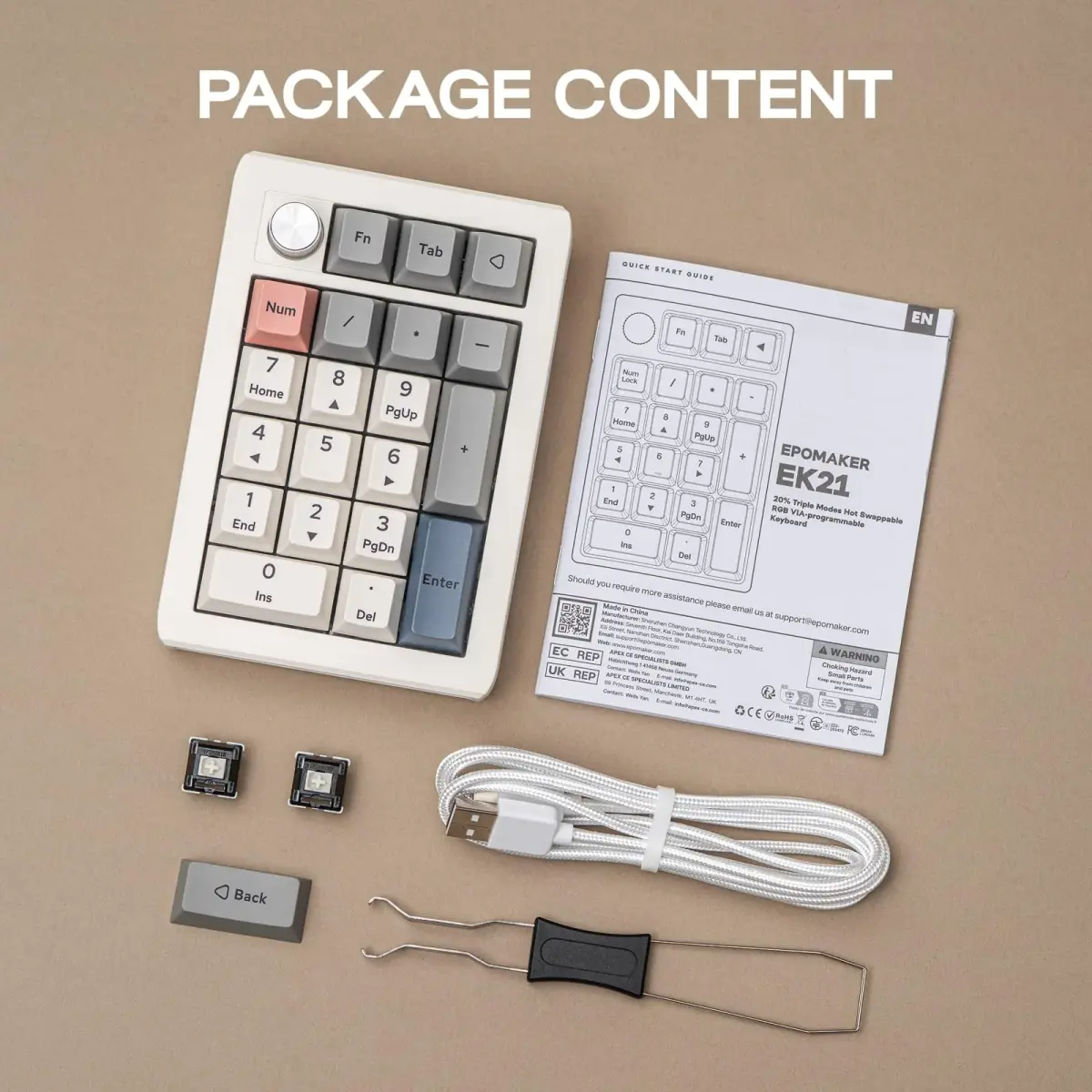 EPOMAKER EK21 VIA Gasket Number Pad with Knob, 20 Keys, 1000mAh Battery, BT 5.0/2.4GHz/Wired, Retro White | PC Gaming Numpad - view 8