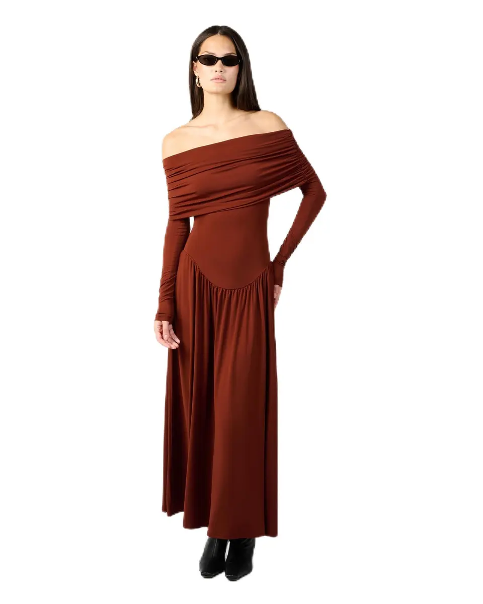 WEWOREWHAT Off Shoulder Ruched Midi Dress in Burgundy | Elegant Fall Style for Women - main product image
