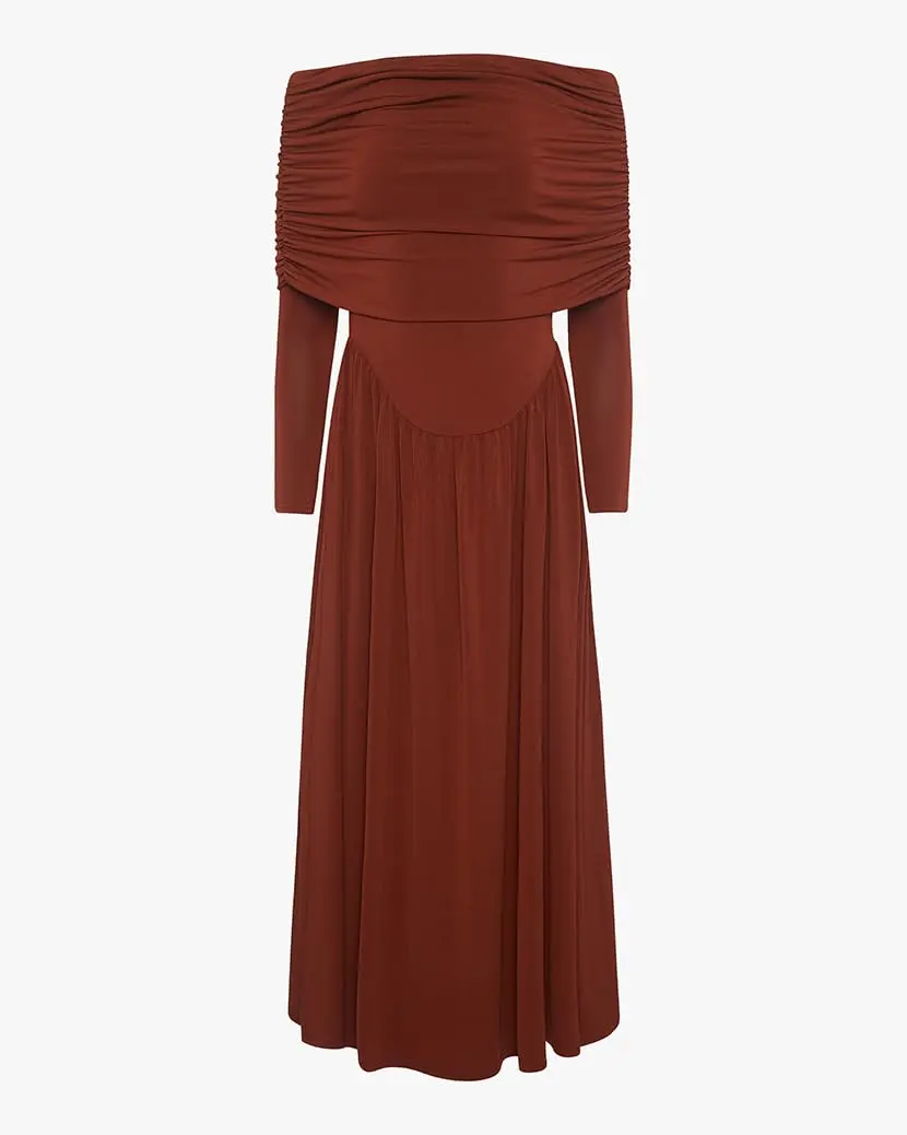 WEWOREWHAT Off Shoulder Ruched Midi Dress in Burgundy | Elegant Fall Style for Women - view 2
