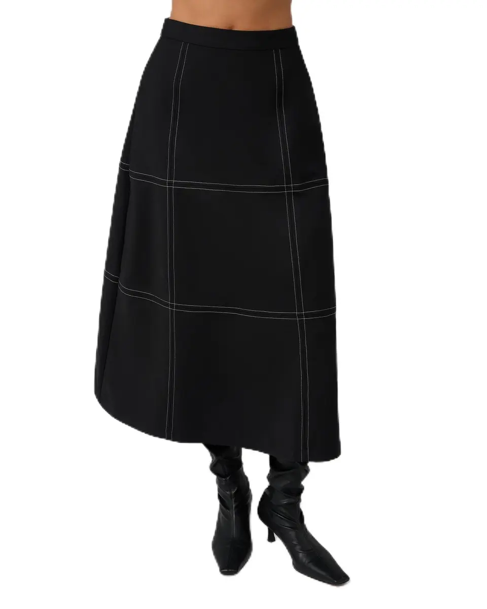 WEWOREWHAT A-LINE Contrast Stitch Skirt in Black | Mid-Rise Cotton Blend - main product image