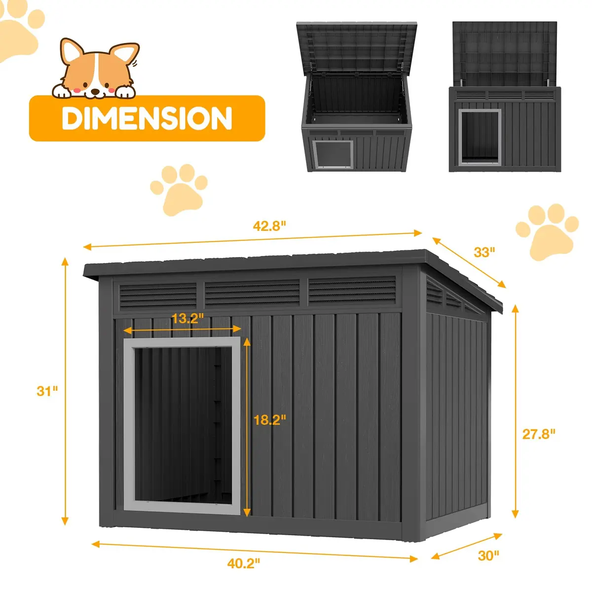 Fancyango Outdoor Dog House for Large Dogs | Weatherproof XL Dog House (Matte Black, 43" L x 33" W x 32" H) - view 4