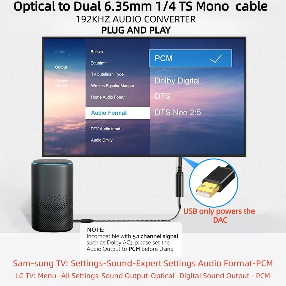 NCGGY 192KHz DAC Optical to Dual 6.35mm (1/4") TS Mono Audio Converter | High-Resolution Digital to Analog Signal - view 4