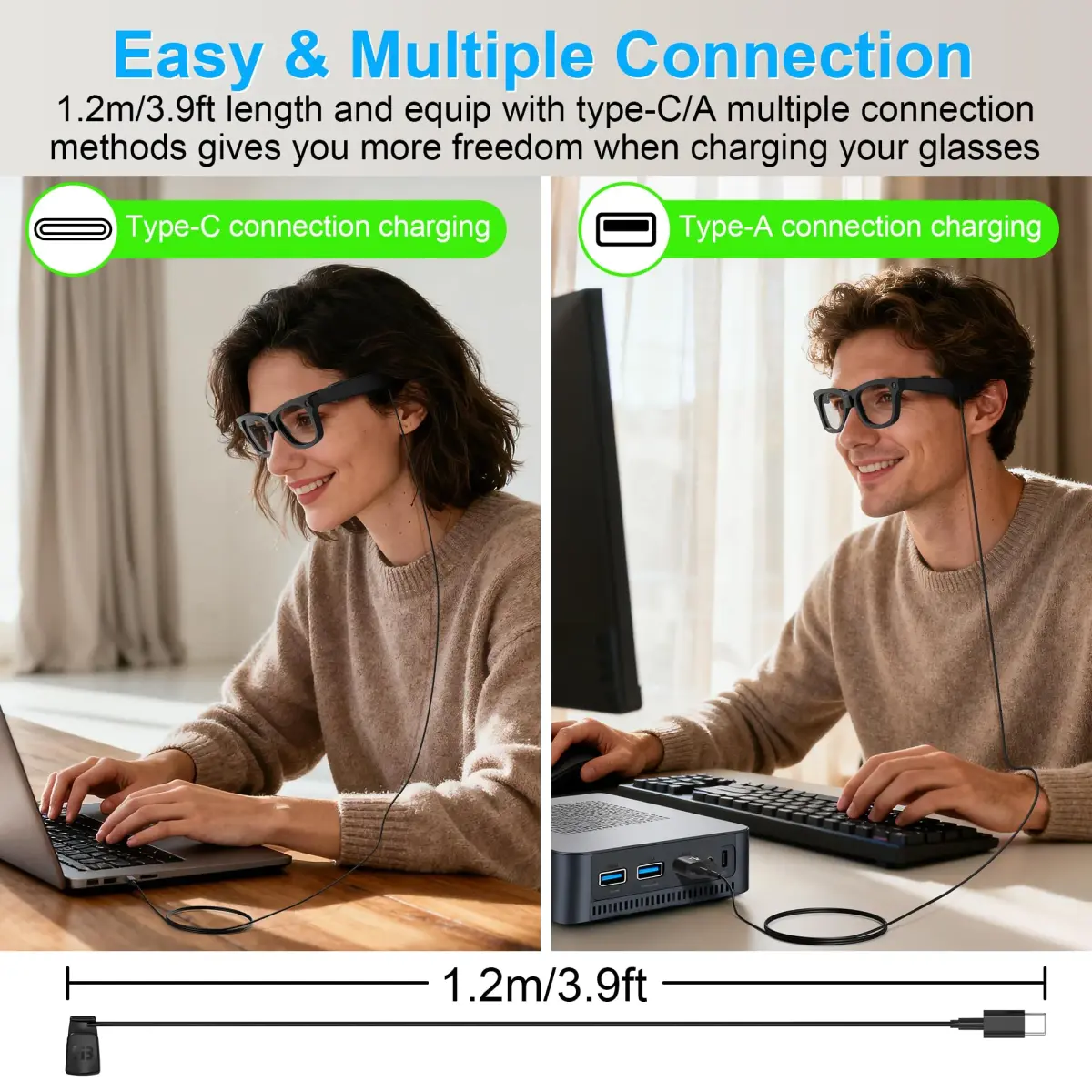 RCstyle Charging Cable for Ray-Ban Meta Smart Glasses 1.2m (3.9ft) | Type-A Interface Converter Included - view 3