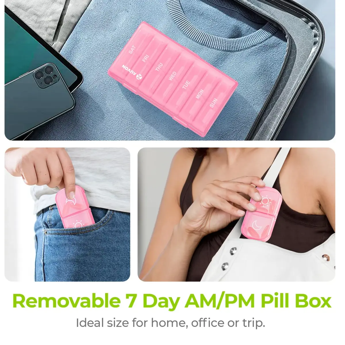 AUVON Weekly Pill Organizer 2 Times a Day, Sakura Pink | Large Compartments, BPA-Free, 14-Compartment Pill Case - view 6