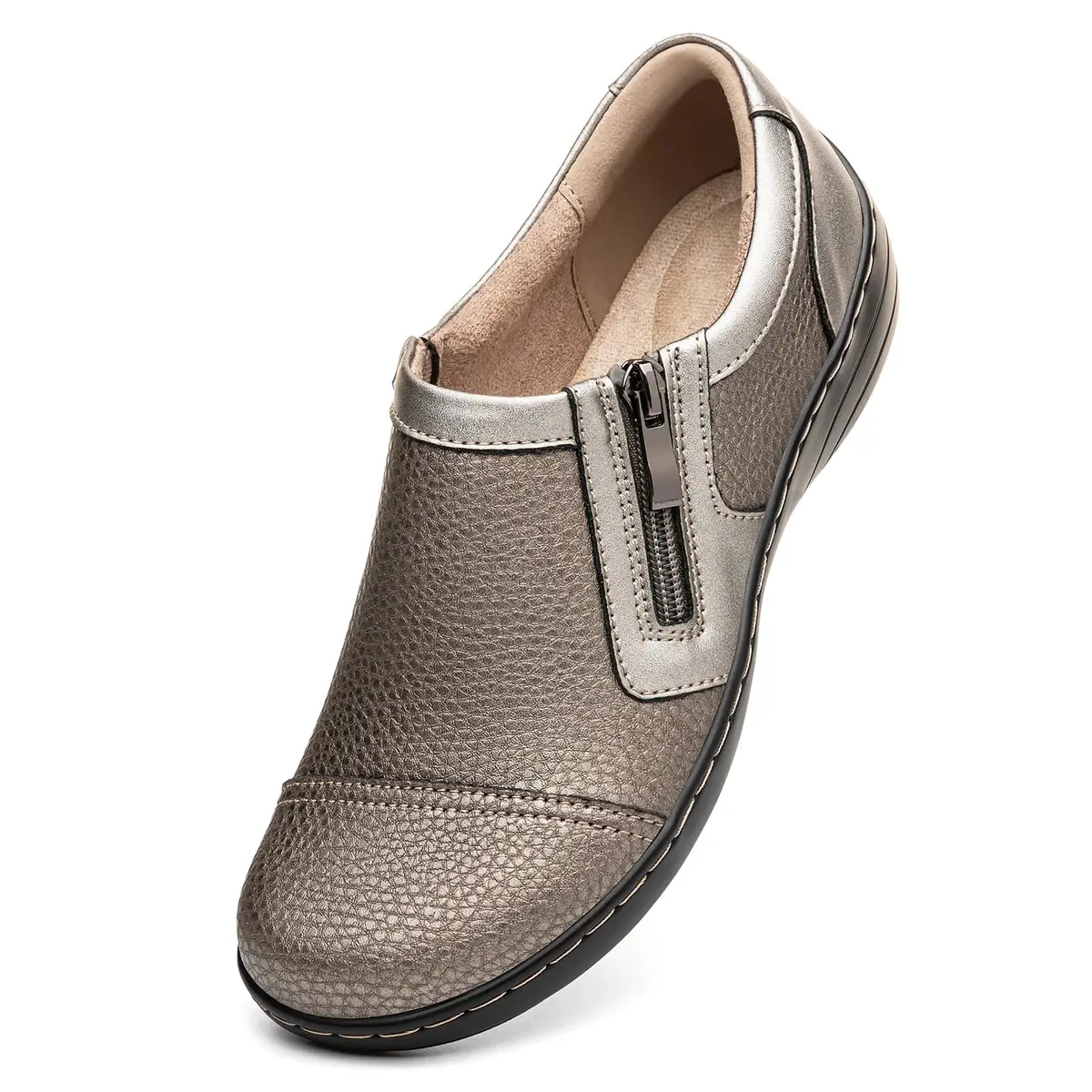 Gloryjoy Women's Leather Loafers with Memory Foam Insole & Zipper Closure, Bronze Metallic, 2.5cm (1.1 inch) Heel | Comfortable Work & Walking Flats - main product image