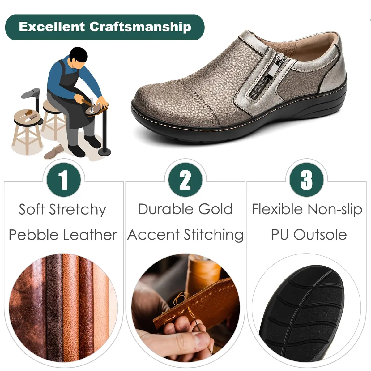 Gloryjoy Women's Leather Loafers with Memory Foam Insole & Zipper Closure, Bronze Metallic, 2.5cm (1.1 inch) Heel | Comfortable Work & Walking Flats - view 5