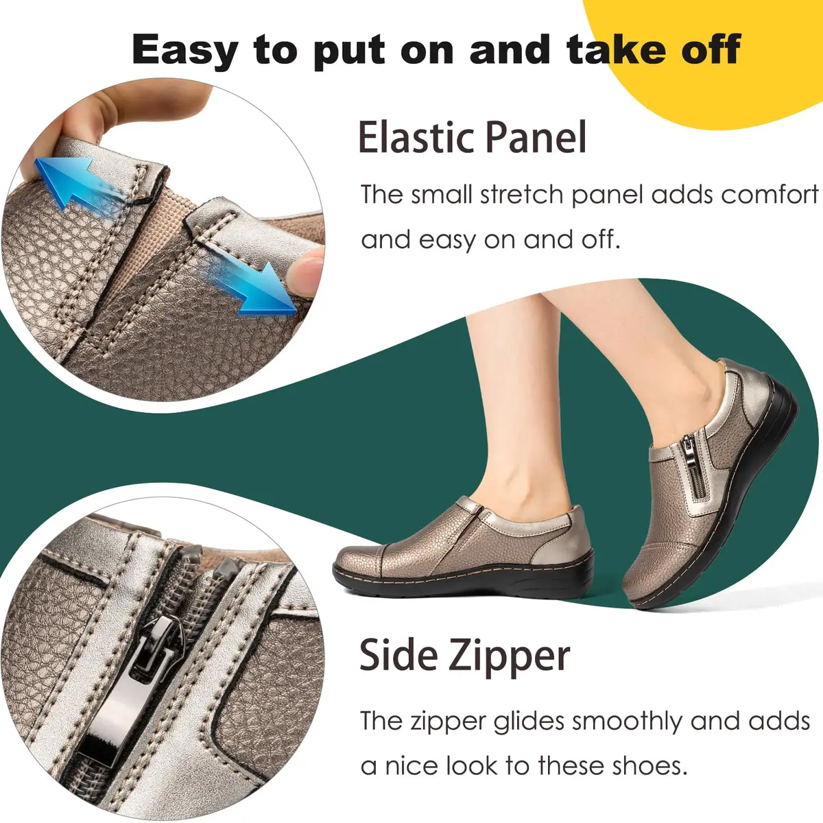 Gloryjoy Women's Leather Loafers with Memory Foam Insole & Zipper Closure, Bronze Metallic, 2.5cm (1.1 inch) Heel | Comfortable Work & Walking Flats - view 6