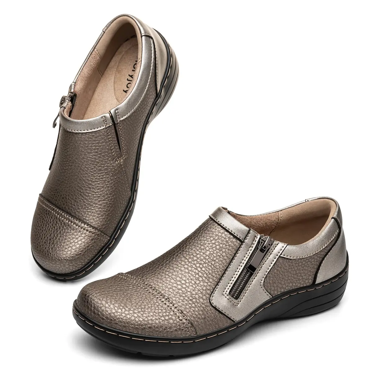 Gloryjoy Women's Leather Loafers with Memory Foam Insole & Zipper Closure, Bronze Metallic, 2.5cm (1.1 inch) Heel | Comfortable Work & Walking Flats - view 8
