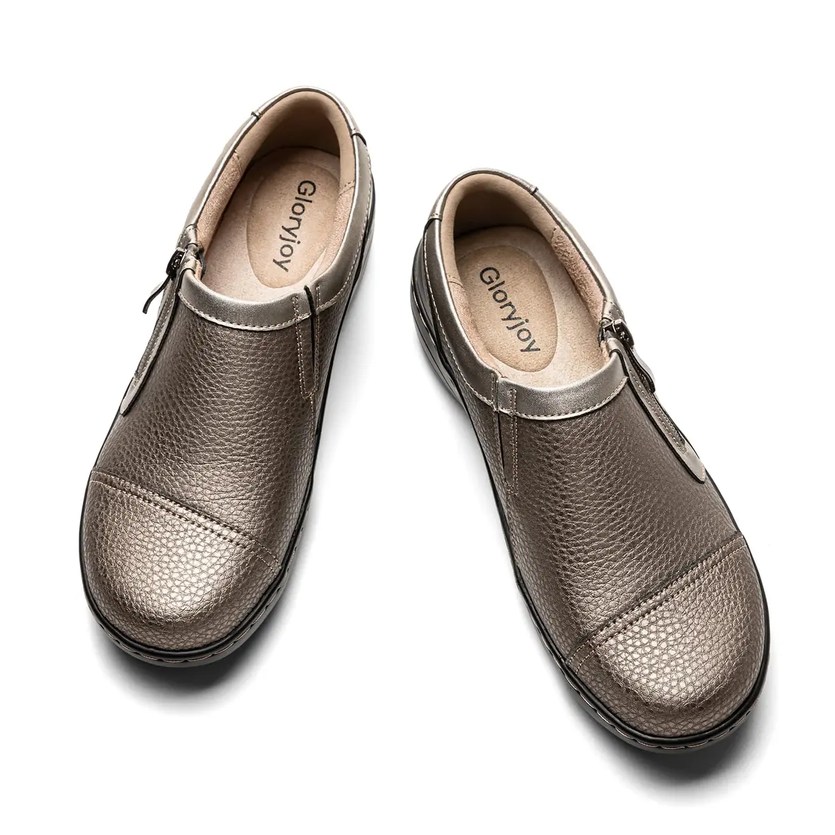 Gloryjoy Women's Leather Loafers with Memory Foam Insole & Zipper Closure, Bronze Metallic, 2.5cm (1.1 inch) Heel | Comfortable Work & Walking Flats - view 9