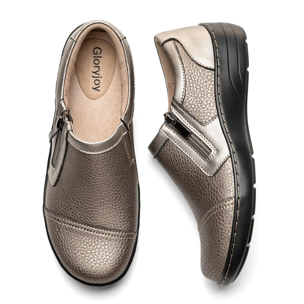 Gloryjoy Women's Leather Loafers with Memory Foam Insole & Zipper Closure, Bronze Metallic, 2.5cm (1.1 inch) Heel | Comfortable Work & Walking Flats - view 4