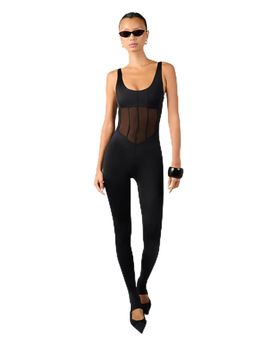 WEWOREWHAT Women's Spandex Sheer Panel Bodysuit X-Small | Black, Sleeveless, Solid, Imported - main product image