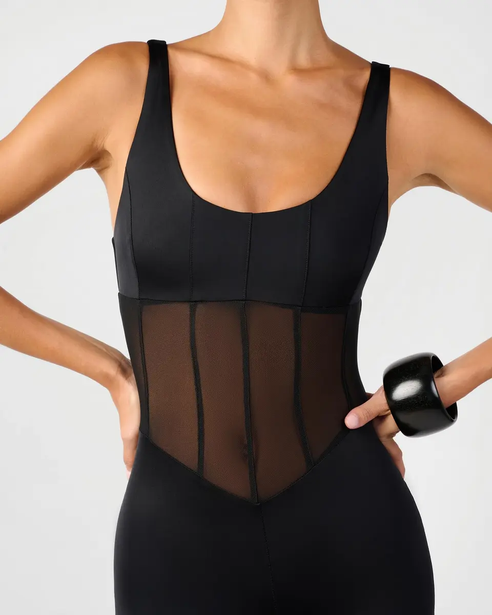 WEWOREWHAT Women's Spandex Sheer Panel Bodysuit X-Small | Black, Sleeveless, Solid, Imported - view 2