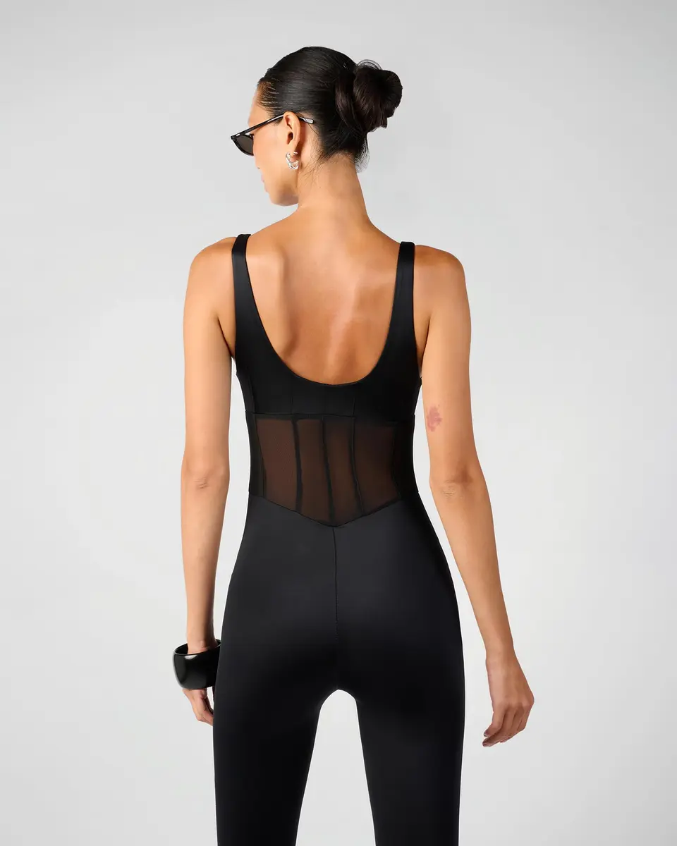 WEWOREWHAT Women's Spandex Sheer Panel Bodysuit X-Small | Black, Sleeveless, Solid, Imported - view 3