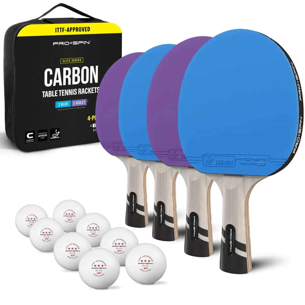 PRO-SPIN 4-Player Carbon Fiber Ping Pong Paddle Set with 8 ITTF-Approved Balls | 7-Ply Blade, 2.0mm Sponge, Shakehand Grip - main product image