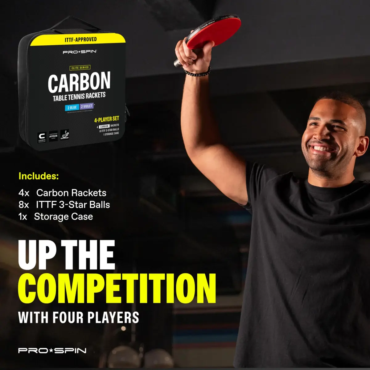 PRO-SPIN 4-Player Carbon Fiber Ping Pong Paddle Set with 8 ITTF-Approved Balls | 7-Ply Blade, 2.0mm Sponge, Shakehand Grip - view 9