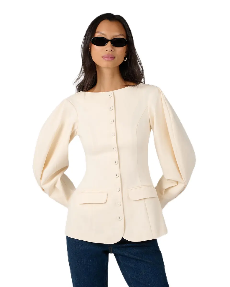 WEWOREWHAT Cocoon Sleeve Peplum Blazer Ivory M | Fitted Cotton Blazer with Princess Seams - main product image