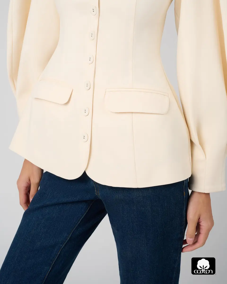 WEWOREWHAT Cocoon Sleeve Peplum Blazer Ivory M | Fitted Cotton Blazer with Princess Seams - view 2