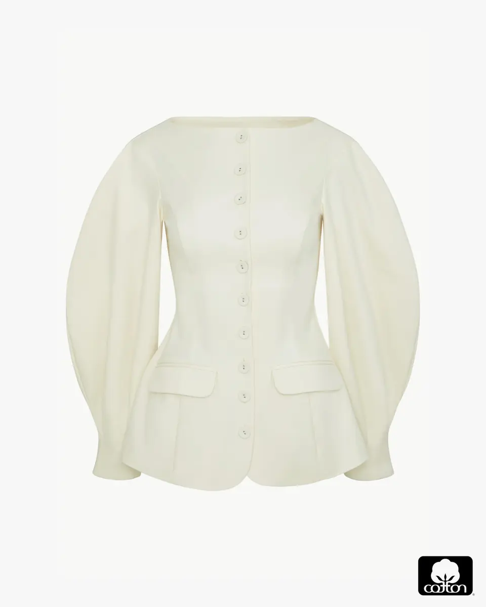 WEWOREWHAT Cocoon Sleeve Peplum Blazer Ivory M | Fitted Cotton Blazer with Princess Seams - view 3