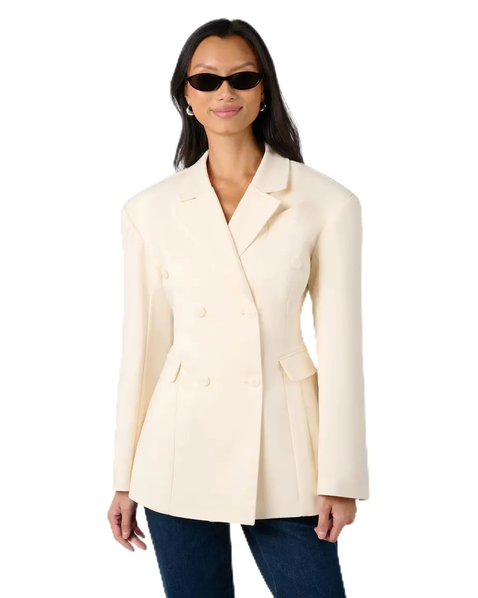 WEWOREWHAT Double Breasted Cinched Waist Blazer in Ivory | Tailored Fit with Padded Shoulders - main product image