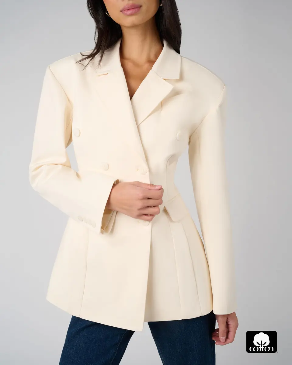 WEWOREWHAT Double Breasted Cinched Waist Blazer in Ivory | Tailored Fit with Padded Shoulders - view 2