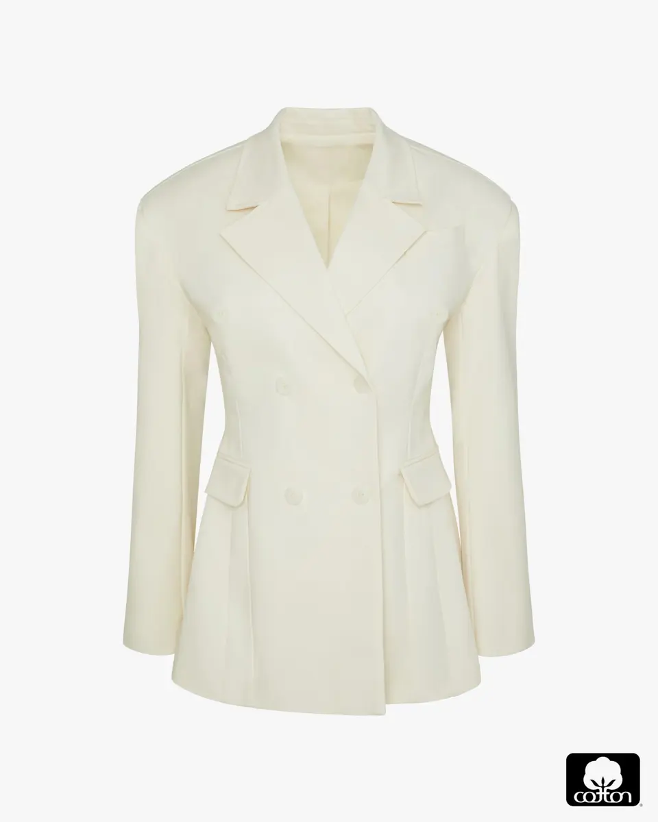 WEWOREWHAT Double Breasted Cinched Waist Blazer in Ivory | Tailored Fit with Padded Shoulders - view 3