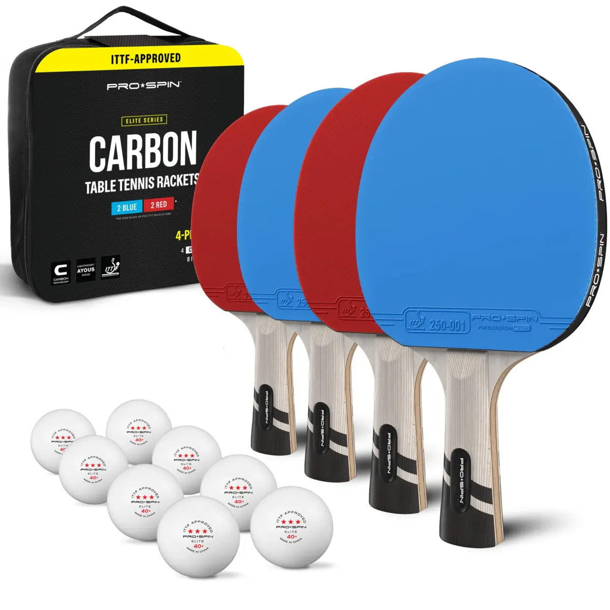 PRO-SPIN 4-Player Carbon Fiber Ping Pong Paddle Set with 8 ITTF-Approved Balls | Professional Quality Set for Spin & Control - main product image