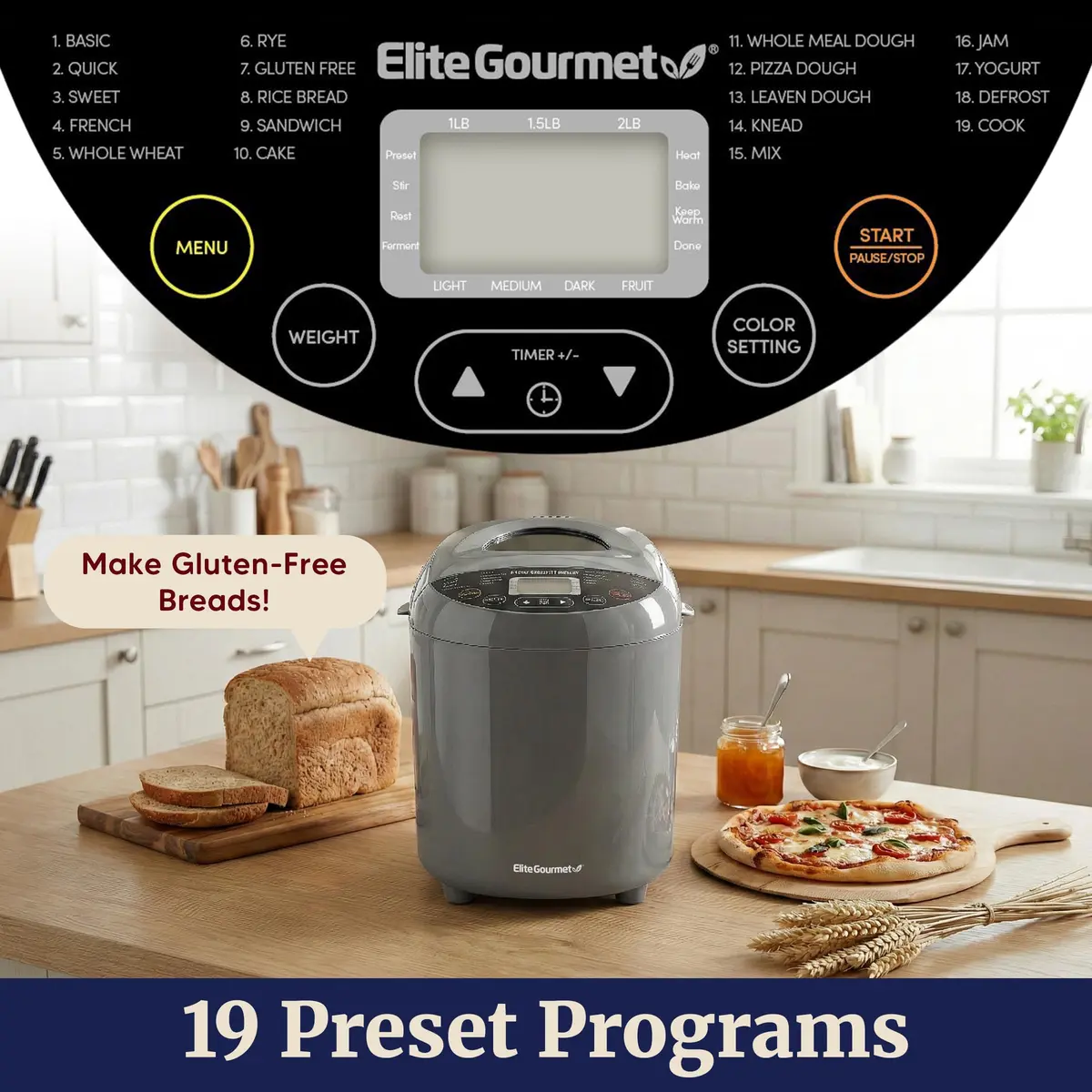 Elite Gourmet Bread Maker 2 Lb | PFAS-Free Ceramic Pan, 19 Presets, 120V - view 4