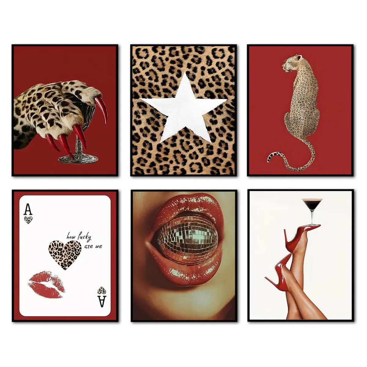 Hwetui Red Trendy Leopard Wall Art Poster Set of 6, 8x10 inch | Funky Cheetah Martini Disco Ball Lip Prints for Living Room Bedroom Dorm - main product image