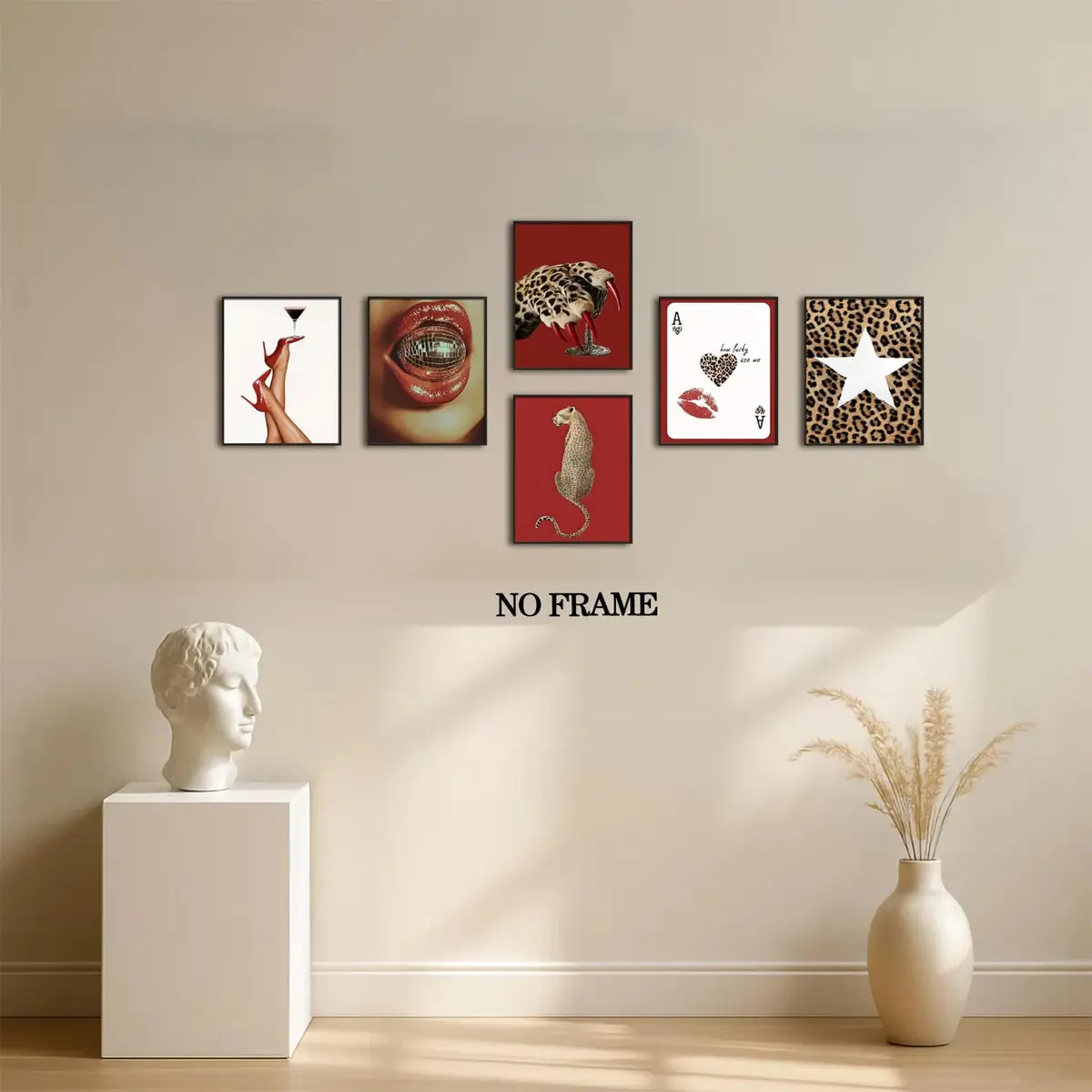 Hwetui Red Trendy Leopard Wall Art Poster Set of 6, 8x10 inch | Funky Cheetah Martini Disco Ball Lip Prints for Living Room Bedroom Dorm - view 8