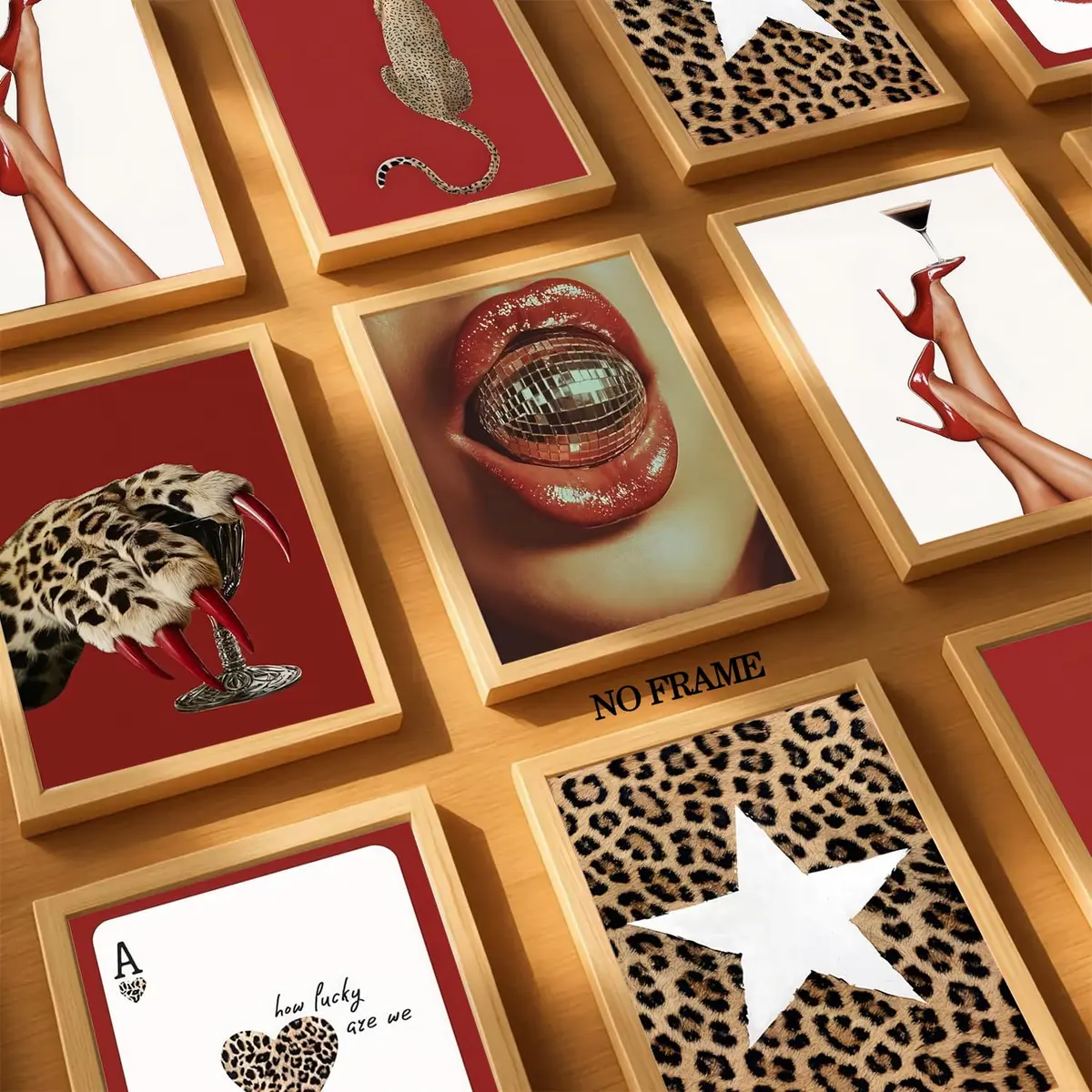 Hwetui Red Trendy Leopard Wall Art Poster Set of 6, 8x10 inch | Funky Cheetah Martini Disco Ball Lip Prints for Living Room Bedroom Dorm - view 2