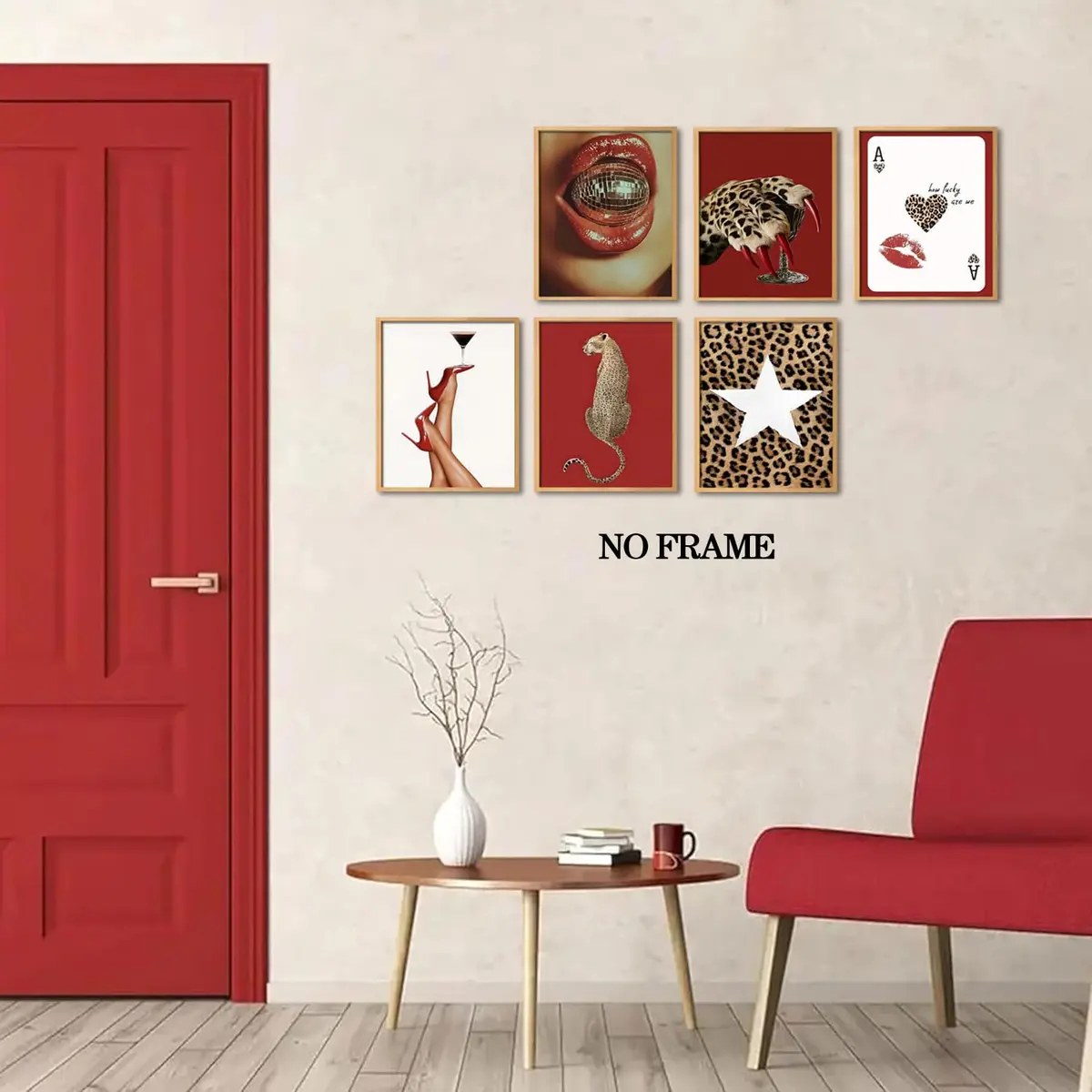 Hwetui Red Trendy Leopard Wall Art Poster Set of 6, 8x10 inch | Funky Cheetah Martini Disco Ball Lip Prints for Living Room Bedroom Dorm - view 3
