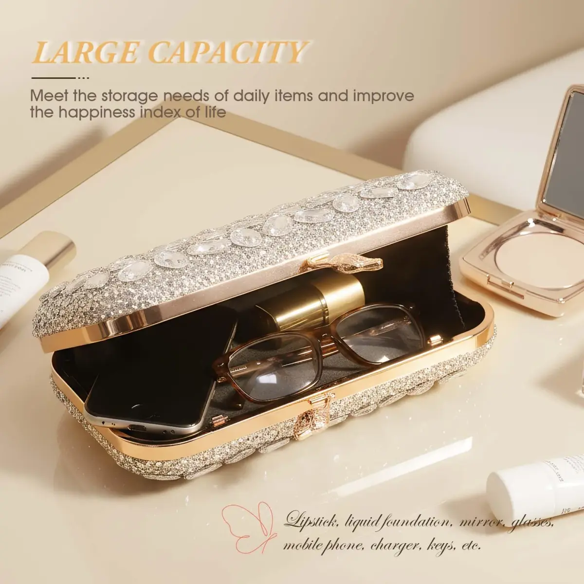 JIAN YA NA Rhinestone Clutch Silver Evening Bag - High End Rhinestone Wings Design - view 4